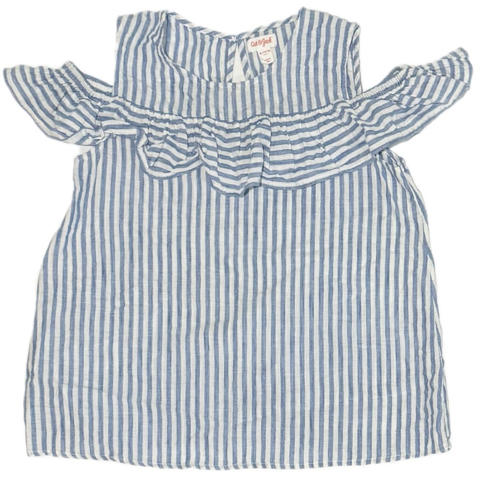 Blue and white stripe shirt.